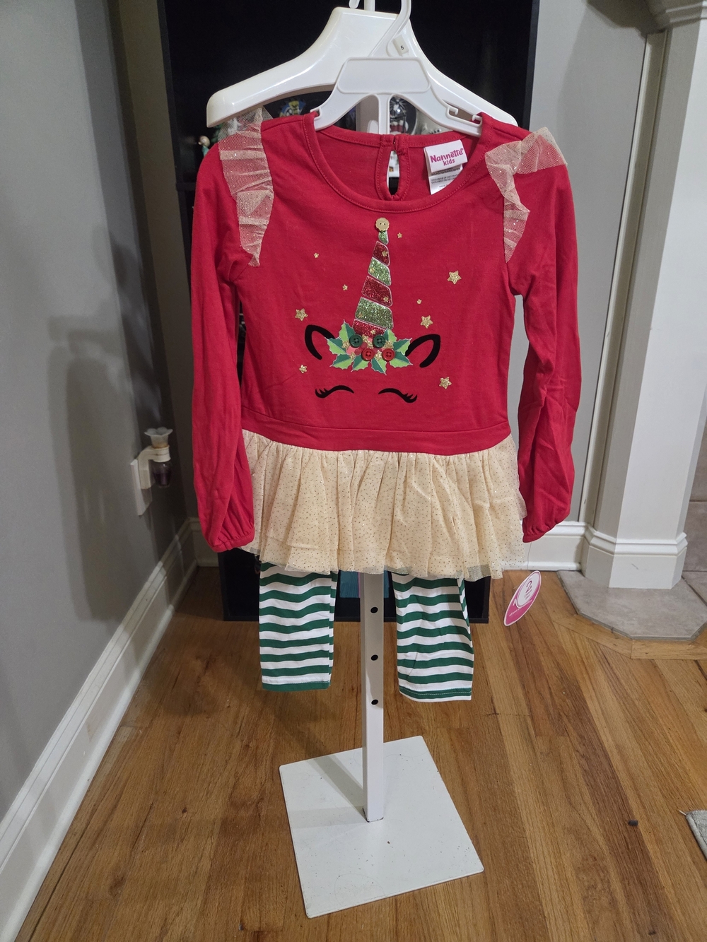Nannette Red Unicorn Holiday Tunic with Gold Tulle & Green Stripe Leggings